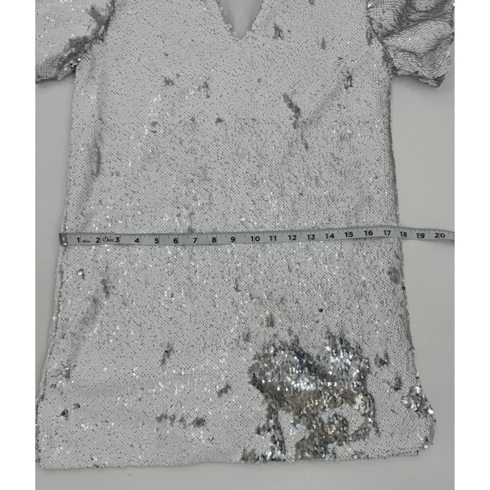 Cavanagh Baker Silver Sequin Short Sleeve V-Neck Mini Dress S - Picture 13 of 14